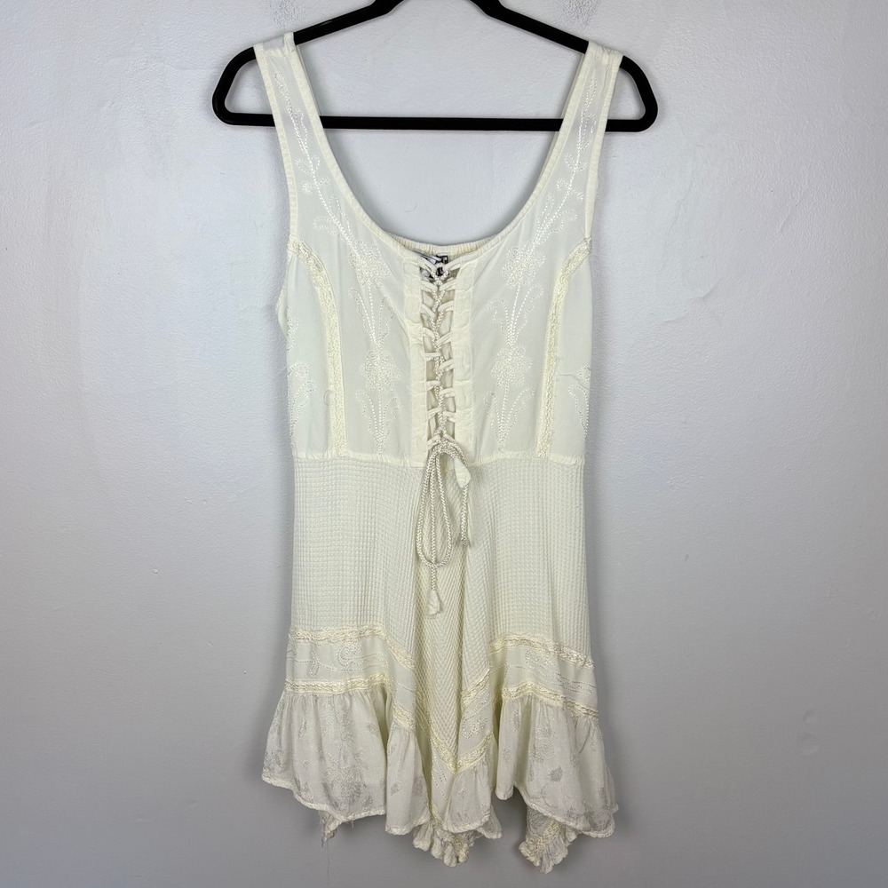 Step in Style Vintage Boho Floral Dress Mini Lace Up Fairycore Ruffle Size Large
